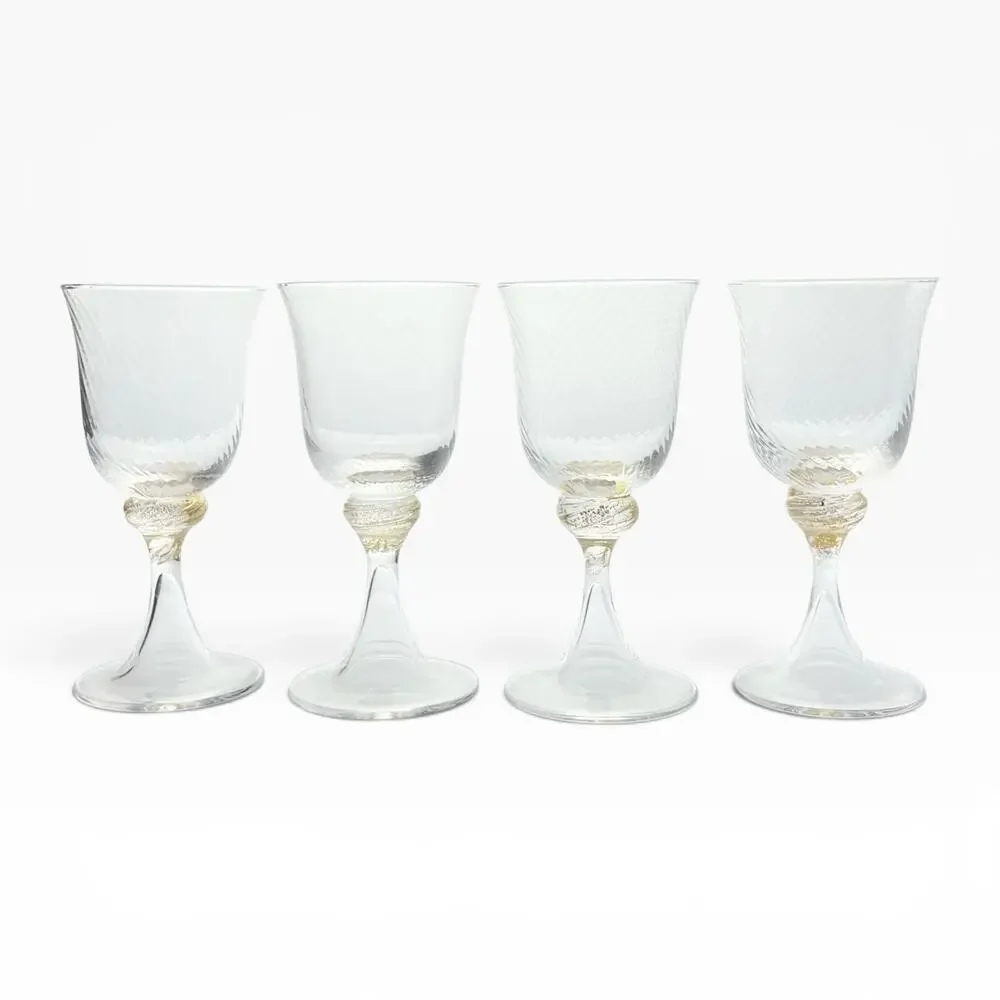Murano Torcée 4 Wine Glasses 6” 6oz Swirl Optic Hand Blown 24k Gold Flakes Italy